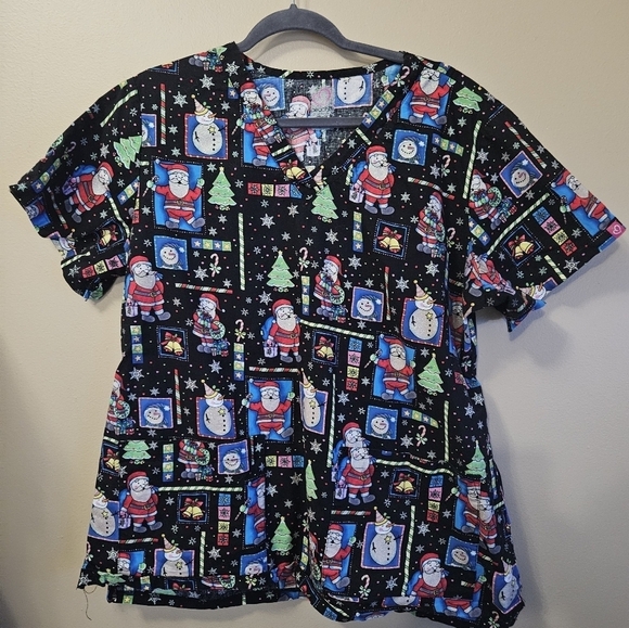 Peaches Scrubs Holiday Christmas Women's Size 2XL 100% Cotton Santa Snowman - Picture 1 of 3